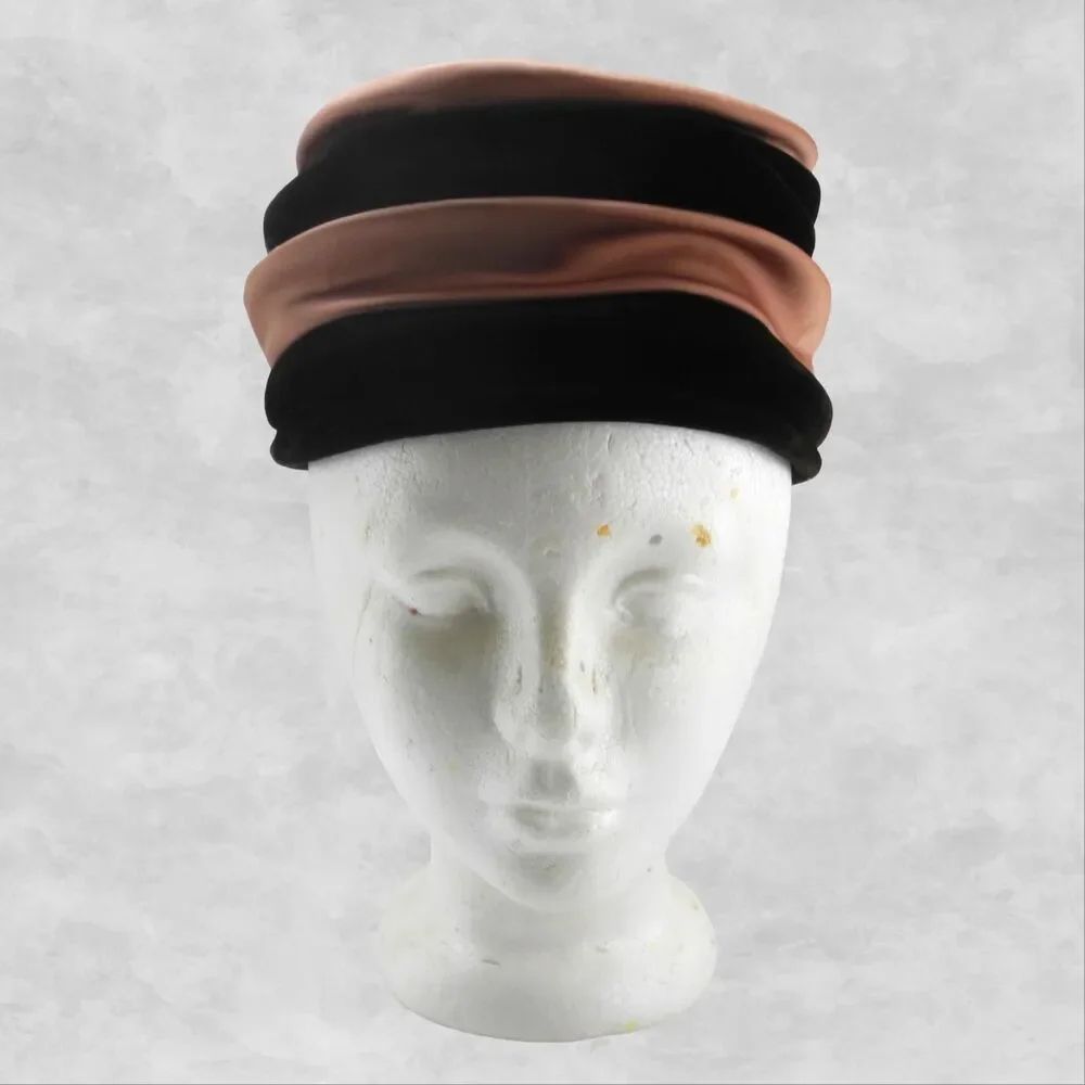 Vintage Screen Vogue Original Burgundy Velvet Pink Satin Pillbox Cocktail Hat